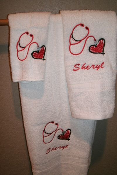 Nurse Scribble Heart Stethoscope RN LPN CNA Personalized 3 Piece Towel Set