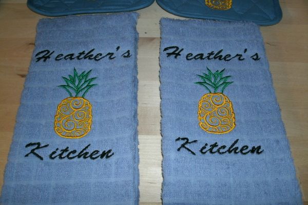 Tropical Pineapple Scroll Sketch Kitchen Towels Hand Towels 2 piece set