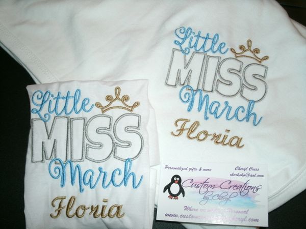 Little Miss March Personalized Bib & Blanket Gift Set