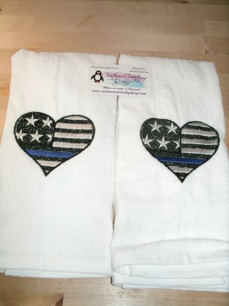 Police Thin Blue Line Heart Flag Kitchen Hand Towels 2 piece set