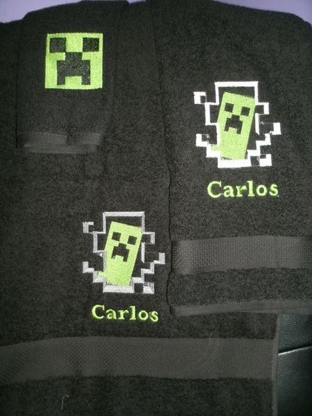 Block Guy Creeper Inspired Personalized 3 piece Towel Set