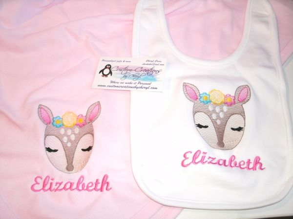 Fawn Deer Personalized Girl Baby Blanket & Bib Combo Set