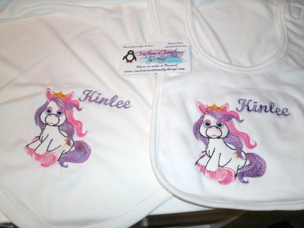 Pretty Princess Pony Personalized Girl Baby Blanket & Bib Combo Set