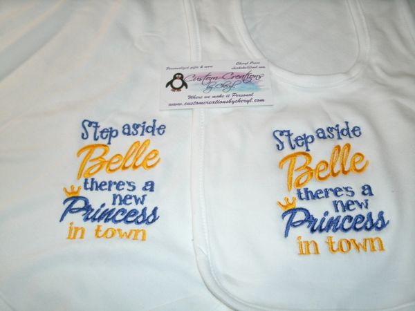 Step Aside Belle theres a new Princess in town Personalized Girl Baby Blanket & Bib Combo Set