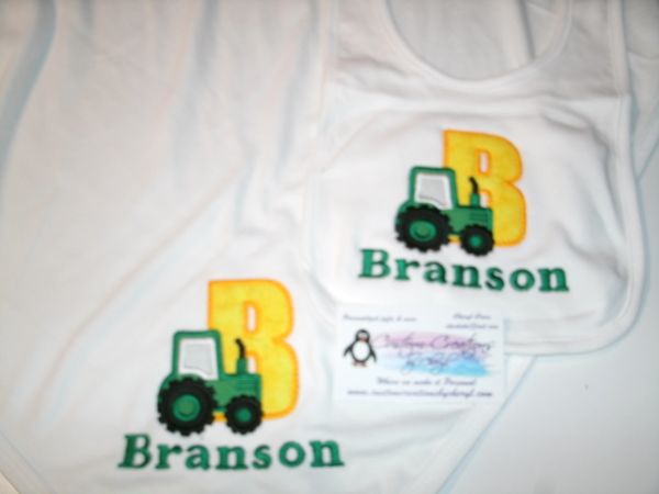 Monogram Green Tractor Letter Personalized Baby Blanket & Bib Combo Set