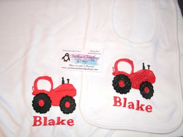 Red Tractor Personalized Baby Blanket & Bib Combo Set