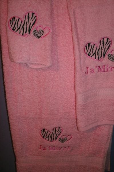 Hearts Zebra Animal Print Personalized Towel Set