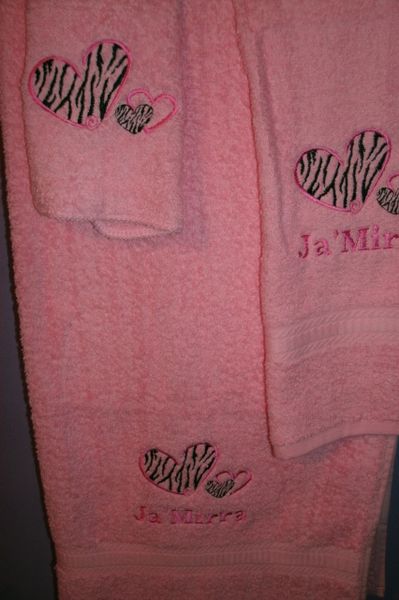 Hearts Zebra Animal Print Personalized Towel Set