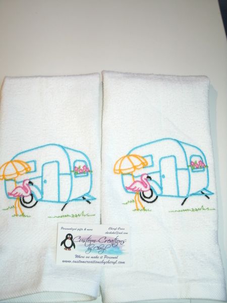Camper with Flamingo Kitchen Towels Hand Towels 2 piece set