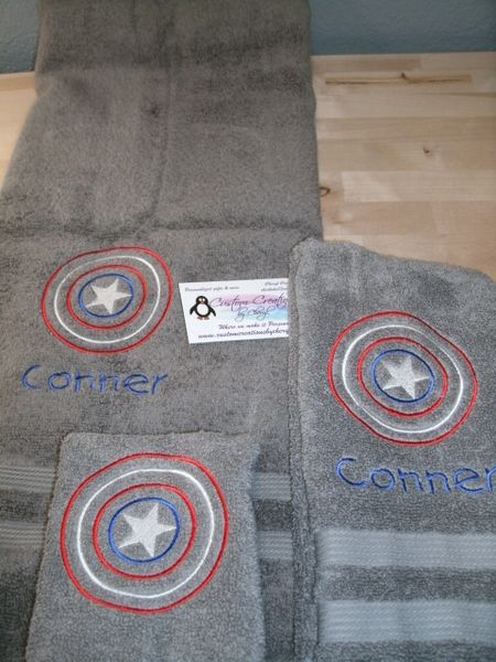 Captain America Shield Sketch Personalized 3 piece Superhero Towel Set
