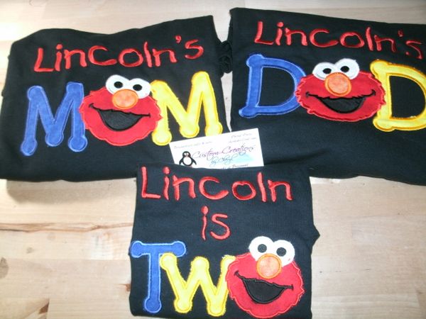 Elmo Two Birthday Set Mom, Dad & Birthday Child Personalized Birthday Couples Shirts