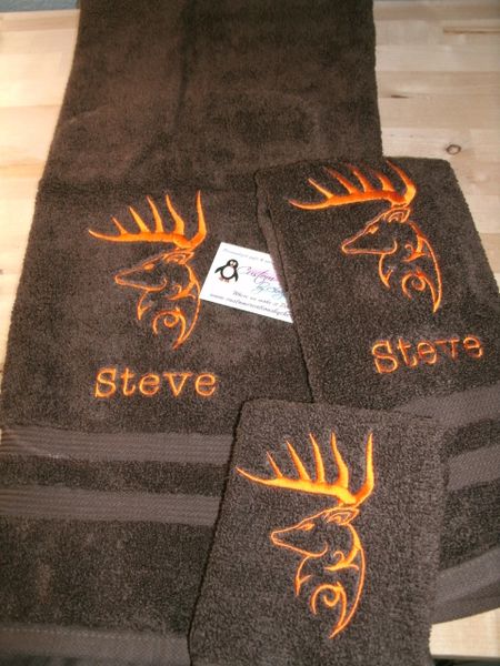 Tribal Buck Deer Head Sketch Personalized 3 piece Towel Set