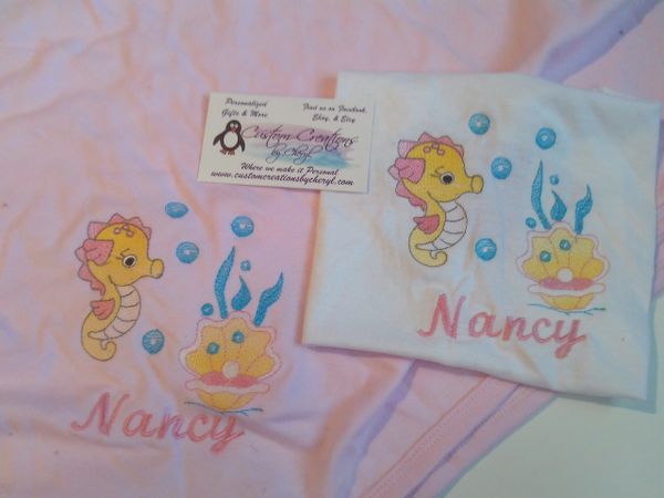 Under the Sea Seahorse Sketch Personalized Girl Baby Blanket & Bib Combo Set