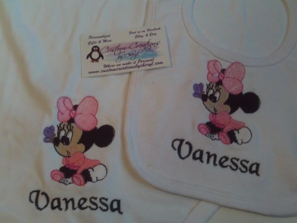Minnie Mouse Baby Butterfly Personalized Girl Baby Blanket & Bib Combo Set
