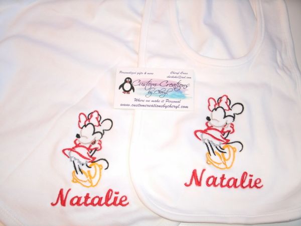 Minnie Mouse Sketch Personalized Girl Baby Blanket & Bib Combo Set