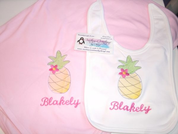 Pinapple Sketch Personalized Girl Baby Blanket & Bib Combo Set