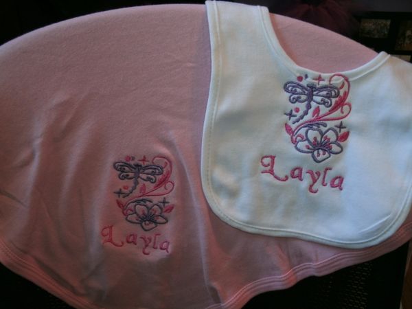 Dragonfly & flower Personalized Girl Baby Blanket & bib Combo