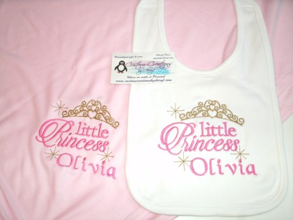 Little Princess Crown Personalized Girl Baby Blanket & Bib Combo Set