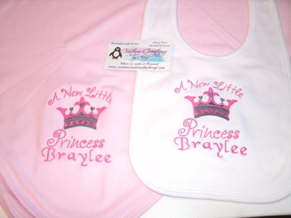 New Little Princess Crown Personalized Girl Baby Blanket & Bib Combo Set
