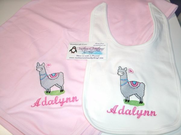 Llama Sketch Personalized Girl Baby Blanket & Bib Combo Set