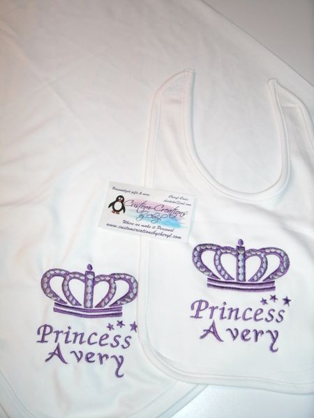 Francy Princess Crown Personalized Girl Baby Blanket & Bib Combo Set
