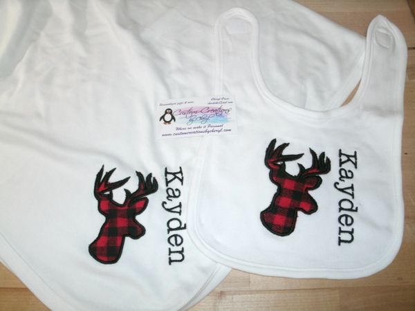 Deer Plaid Buck Personalized Baby Blanket & Bib Combo Set