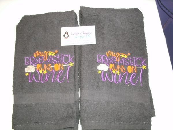 My Broomstick runs on Wine Personalized Kitchen Towels Hand Towels 2 piece set