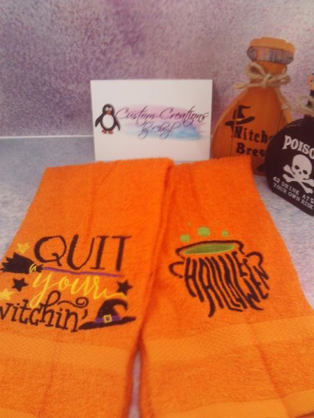 Halloween Cauldron & Quit Your Witchin Personalized Kitchen Towels Hand Towels 2 piece set