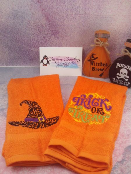 Witches Hat & Trick or Treat Scroll Personalized Kitchen Towels Hand Towels 2 piece set