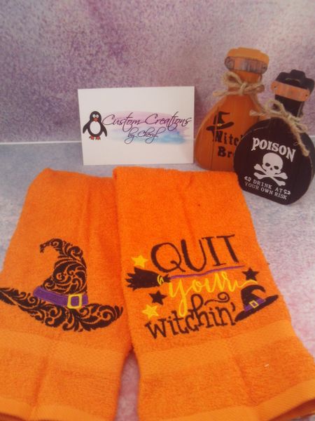 Witches Hat & Quit Your Witchin Personalized Kitchen Towels Hand Towels 2 piece set
