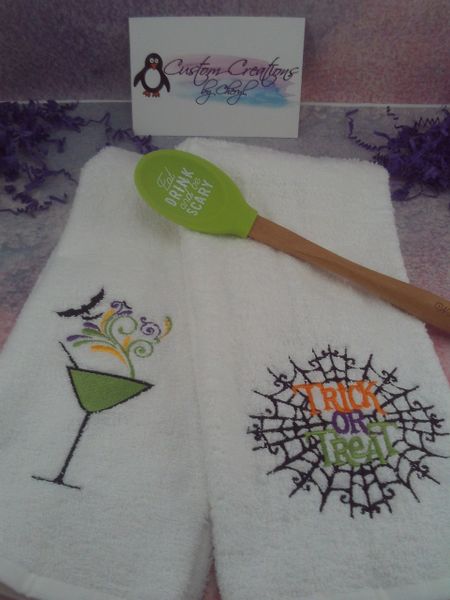 Halloween Drink & Trick or Treat Web Personalized Kitchen Towels Hand Towels 2 piece set
