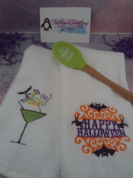 Halloween Drink & Happy Halloween Scroll Personalized Kitchen Towels Hand Towels 2 piece set
