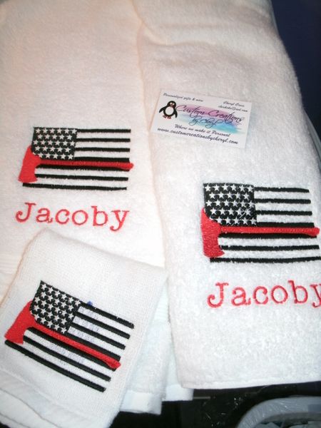 Fire Thin Red Line Flag Ax Fireman Personalized 3 Piece Towel Set