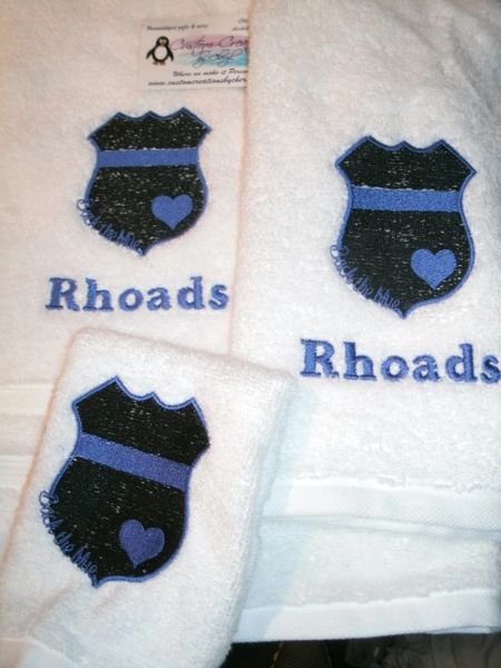 Police Shield Heart Thin Blue Line Police Policeman Personalized 3 Piece Towel Set