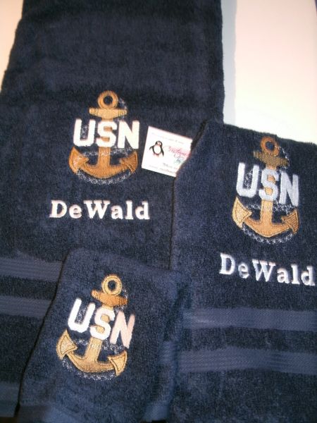 USN Navy Anchor Personalized 3 Piece Towel Set Military Gift