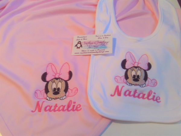 Minnie Mouse Baby fell over Personalized Girl Baby Blanket & Bib Combo Set