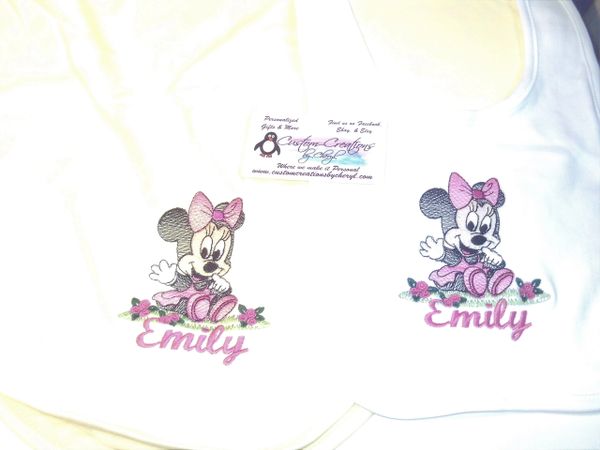 Minnie Mouse Baby flowers Personalized Girl Baby Blanket & Bib Combo Set
