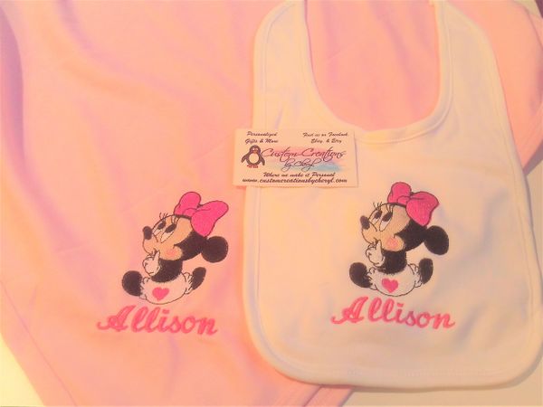 Minnie Mouse Baby diaper Personalized Girl Baby Blanket & Bib Combo Set