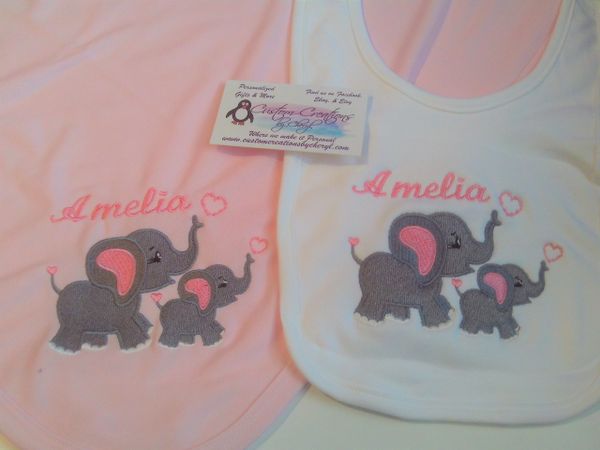 Elephant family Personalized Girl Baby Blanket & bib Combo Jungle Nursery