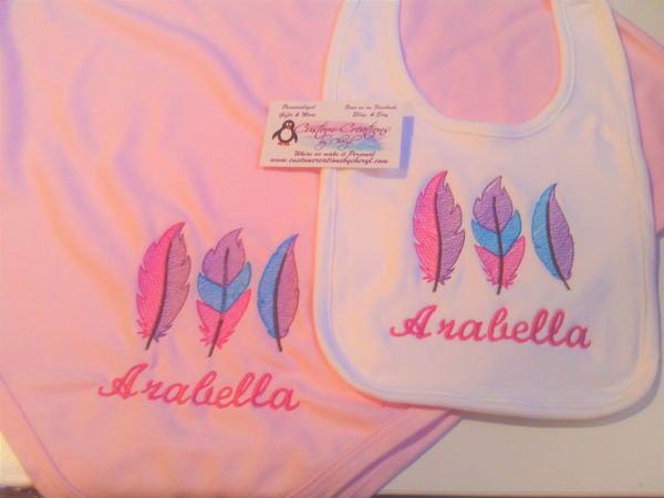 Feather trio sketch Personalized Girl Baby Blanket & Bib Combo Set