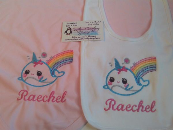 Narwhal Rainbow sketch Personalized Girl Baby Blanket & Bib Combo Set