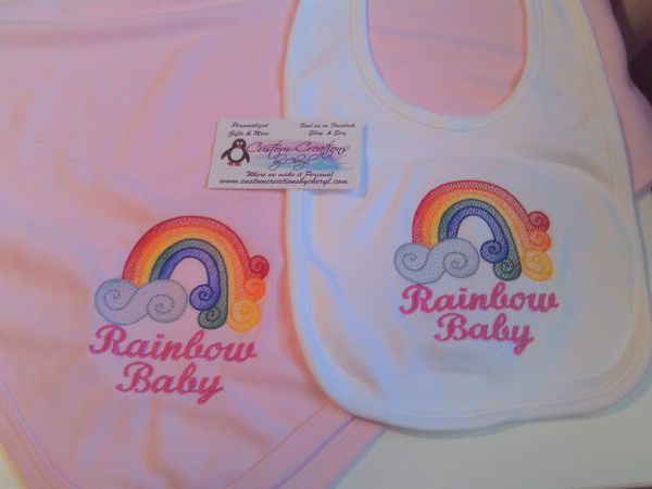 Rainbow Baby Scroll Personalized Girl Baby Blanket & Bib Combo Set
