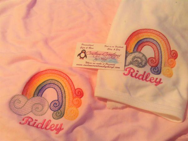 Rainbow Scroll Personalized Girl Baby Blanket & Bib Combo Set Rainbow baby