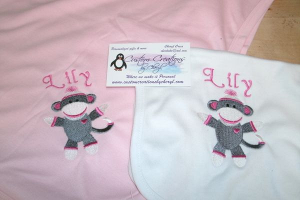 Sock Monkey Personalized Girl Baby Blanket & bib Combo Jungle Nursery