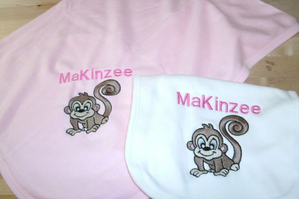 Monkey curled tail Personalized Girl Baby Blanket & bib Combo Jungle Nursery