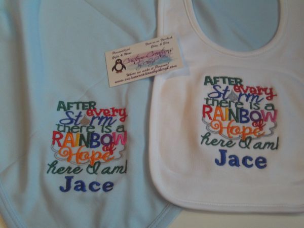 After Every storm there is a rainbow of hope here I am Personalized Boy Baby Blanket & Bib Combo Set Rainbow Baby
