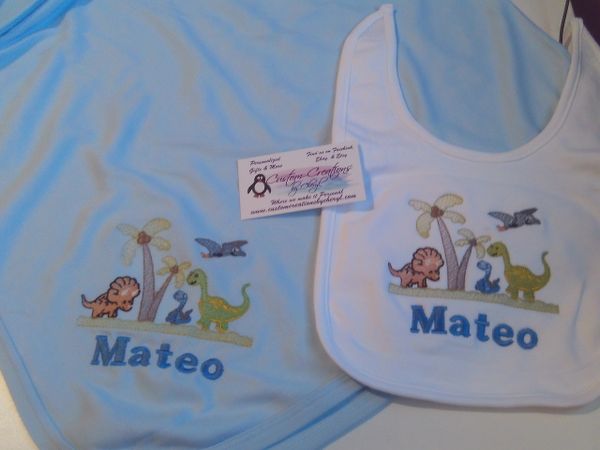 Dinosaurs Scene Sketch Personalized Boy Baby Blanket & bib Combo Dinosaur Nursery