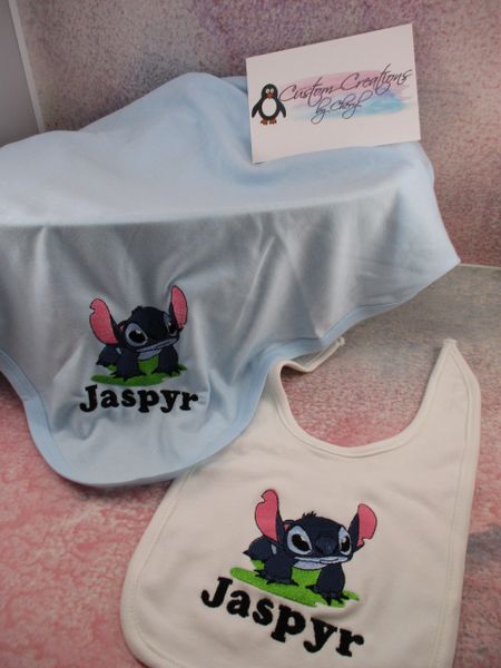 Stitch crawling Personalized Baby Blanket & Bib Combo Set