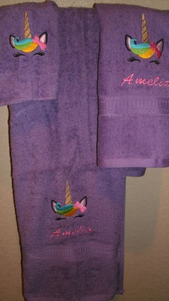 Unicorn Face Sketch Bow Personalized Towel Set