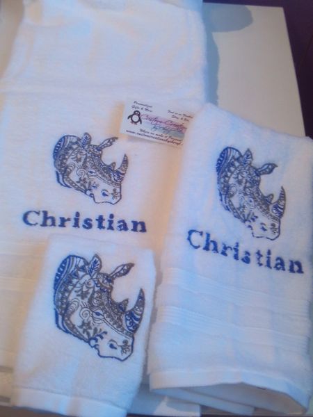 Paisley Rhino Sketch Personalized 3 piece Towel Set